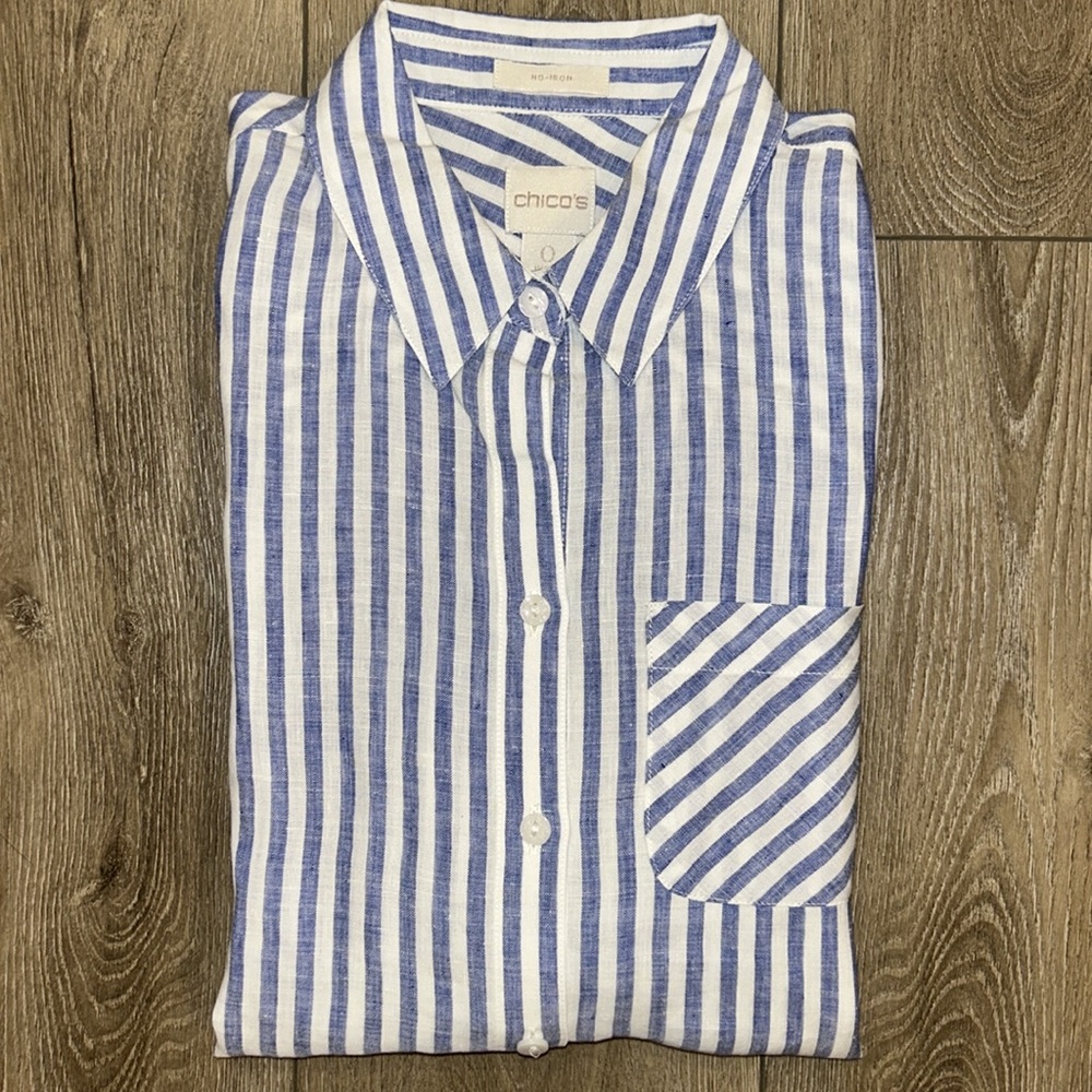 Chico's Women's Blue and White Striped Linen Button Down Non-Iron Shirt - Small - Picture 9 of 10